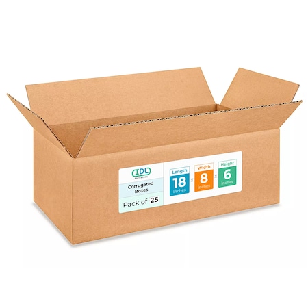 Idl Packaging 18 in x 8 in x 6 in Shipping Box, Kraft, Corrugate, Single Wall, 200#, 25 PK B-1886-25